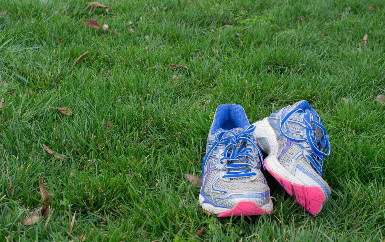 A pair of blue, grey and pink running shoes on the grass.
