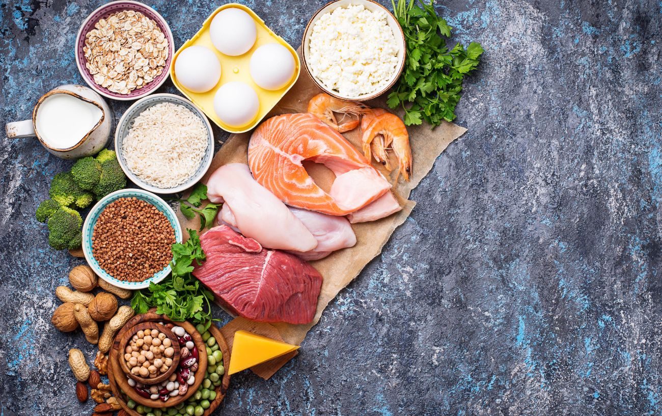 A variety of high-protein foods such as cheese, fish, milk, and eggs.