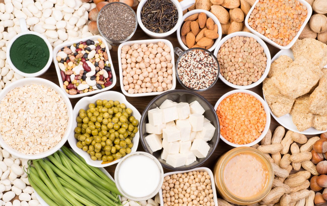 A variety of high-protein foods such as legumes and tofu.