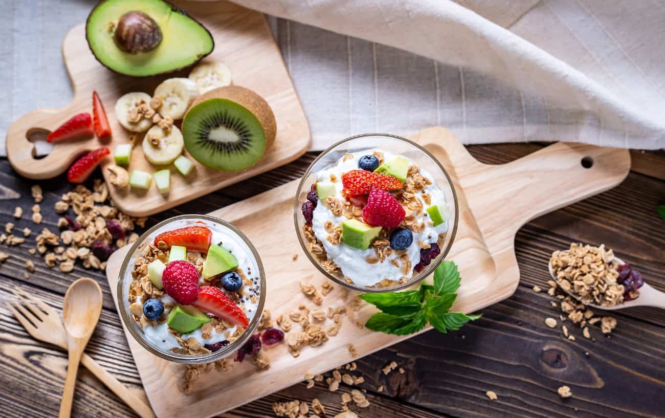 A high protein breakfast of greek yogurt and fruit.