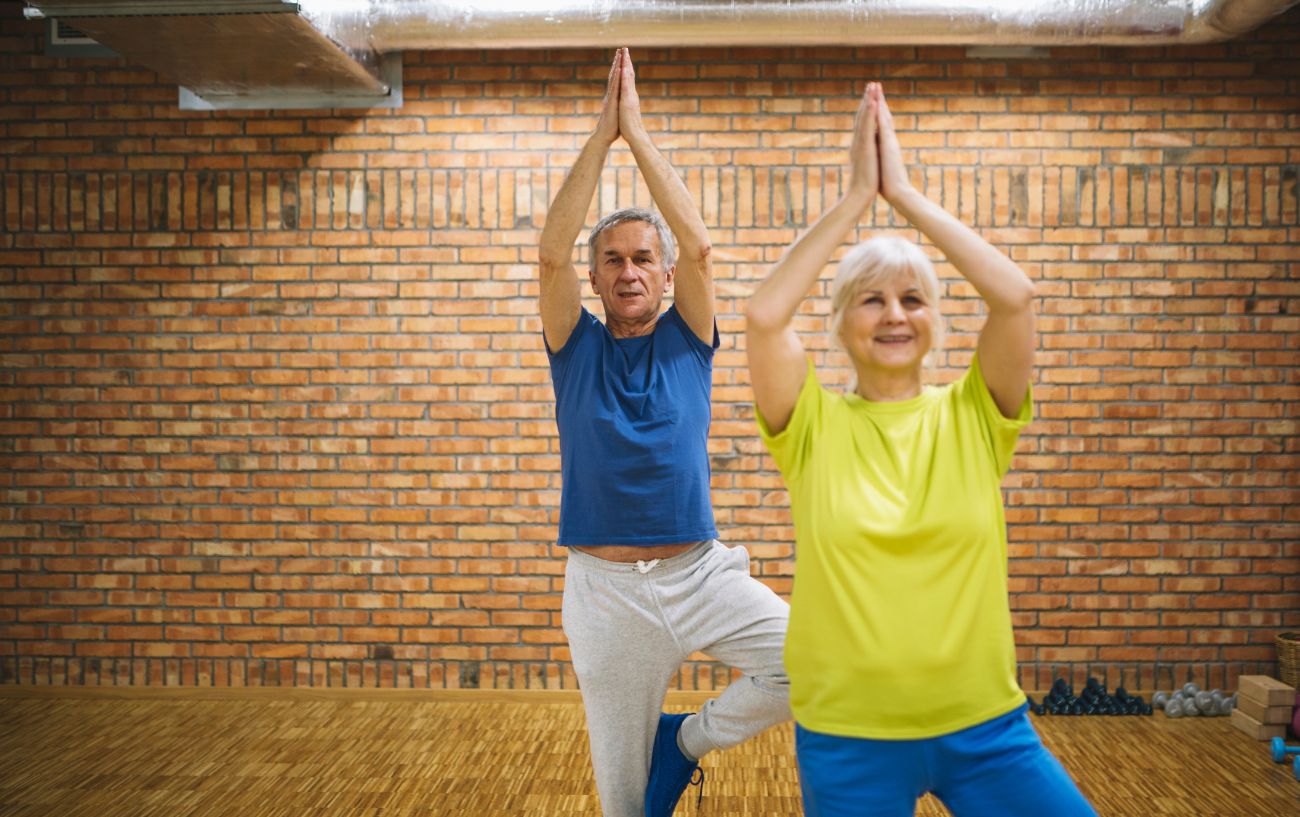 Two people doing a yoga pose. 