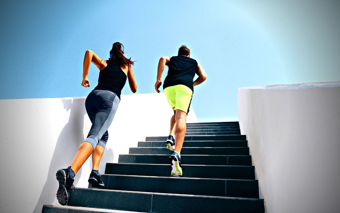 People running up stairs. 