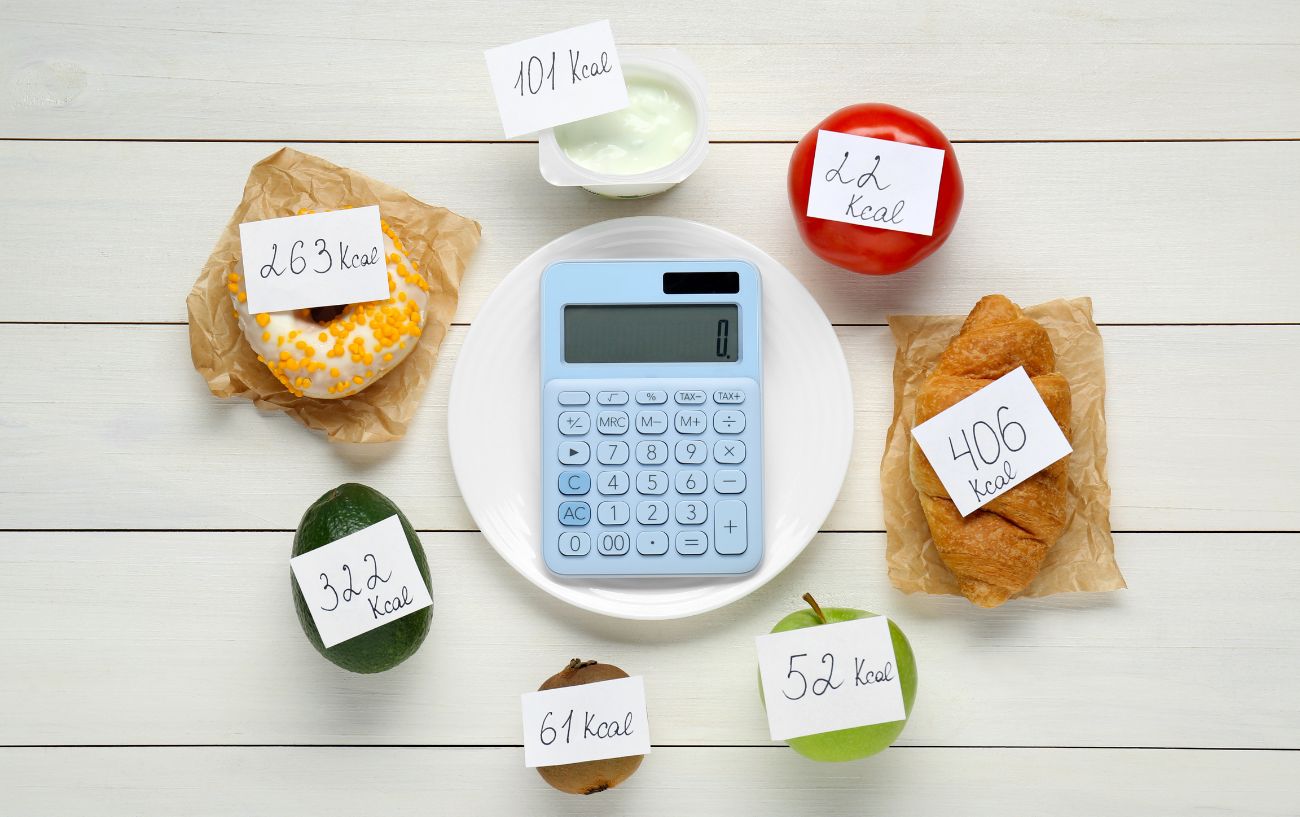 Food items with their caloroie count on them.