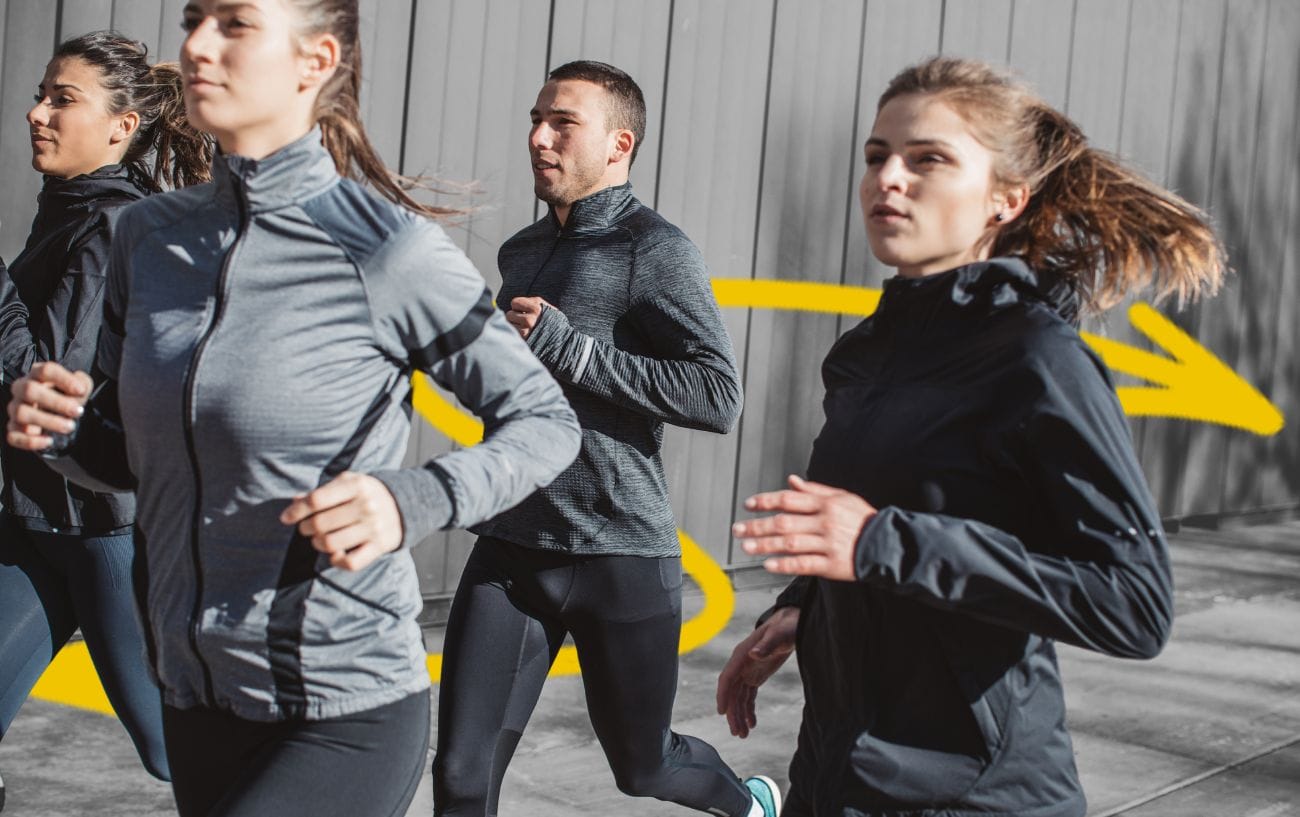 a group of people running